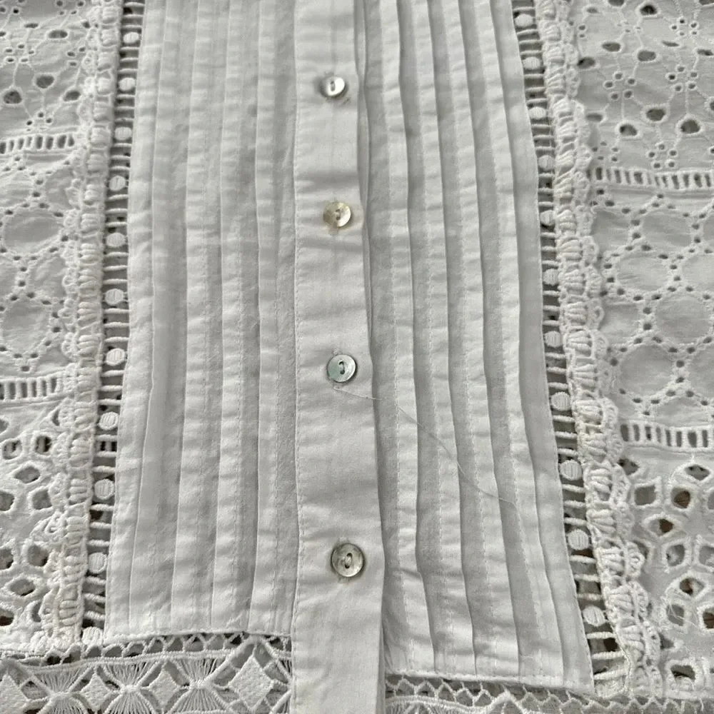 ZARA | White Lace Eyelet Button Up Balloon Sleeve‎ Blouse | Size Large